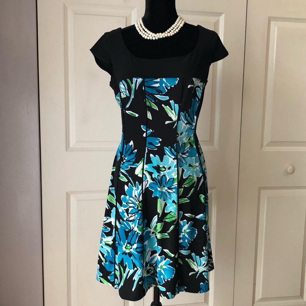 R&K Aqua/Black Floral Print Dress Size 14P